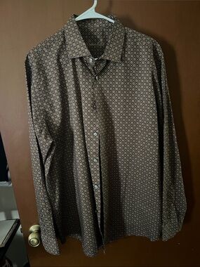 Tasso Elba Brown Geometric Print Long-Sleeve Button-Down Shirt